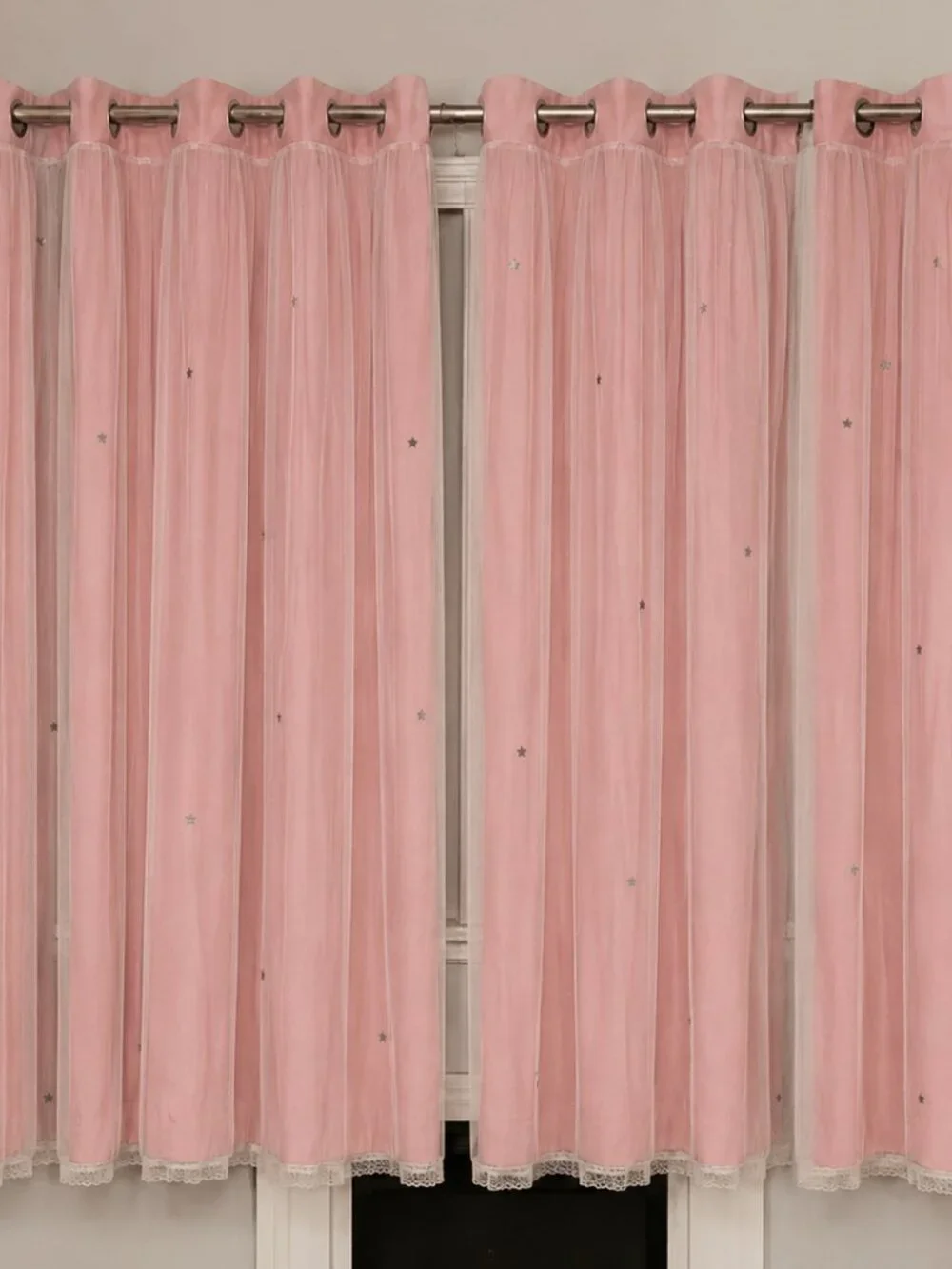 Set of 4 Blush Pink Blackout Curtains with Star Cutouts and sheer overlay